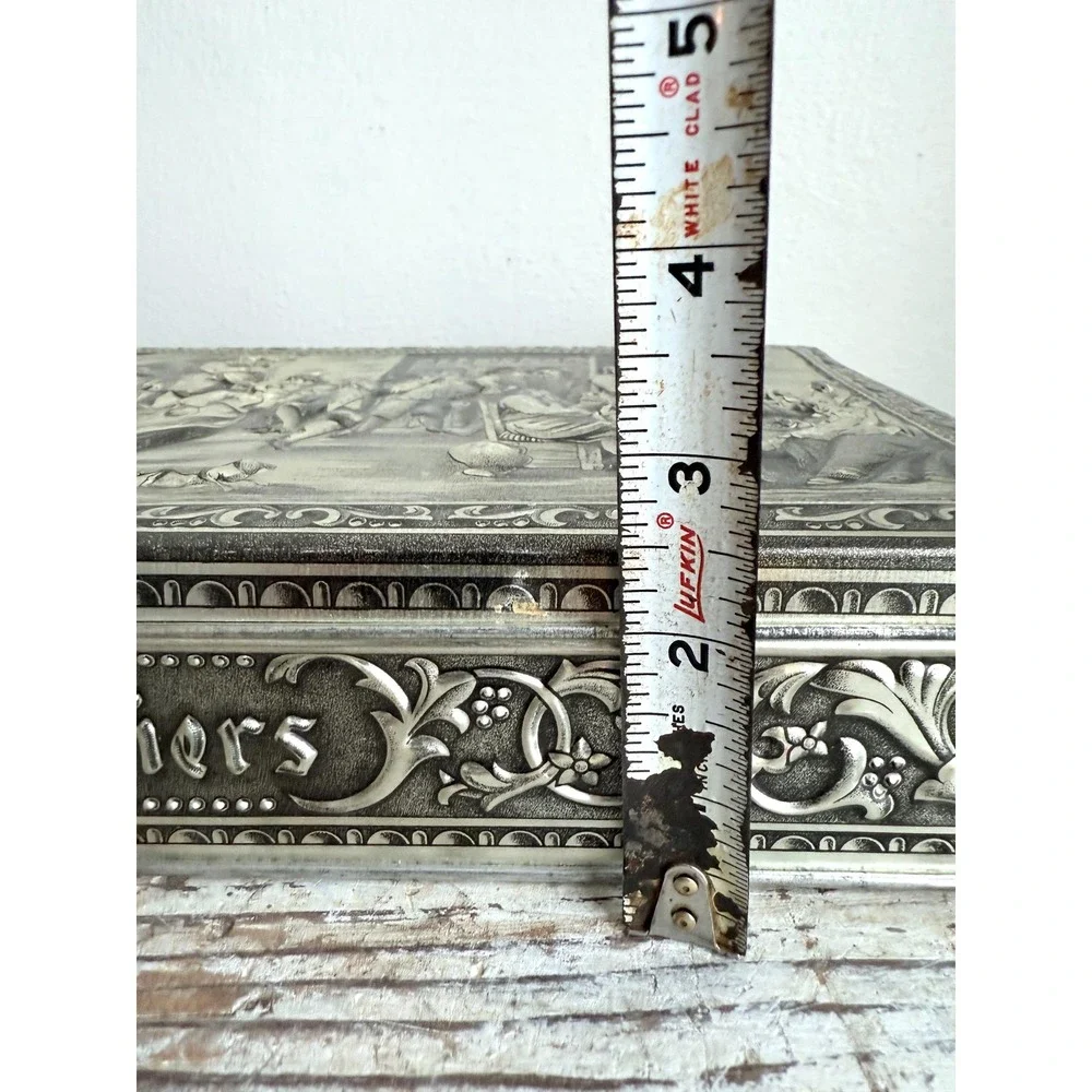 Vintage‎ Teniers 3D Embossed Belgium Tin – 1950s Silvertone Hinged Cookie Box